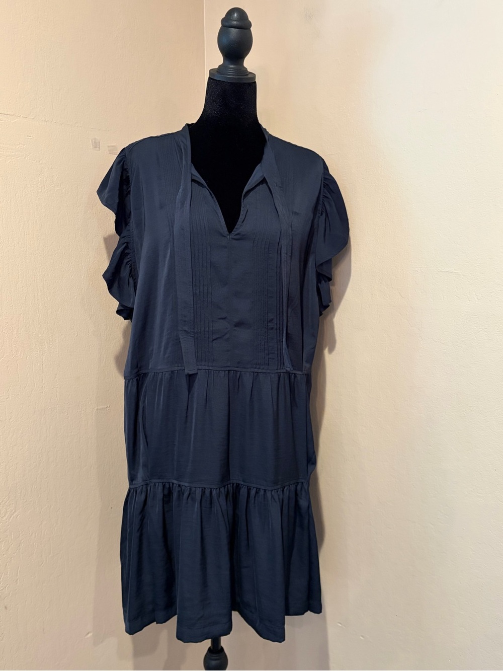 Tommy Hilfiger Navy Tiered V-Neck Ruffle Sleeve Midi Dress, Smooth Poly, Size 16